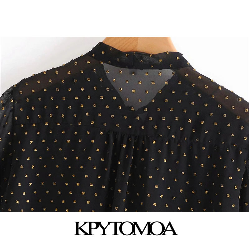 Women Fashion Semi-Sheer Bow Tied Dot Chiffon Blouses Long Sleeve With Lining Female Shirts Chic Tops 210420