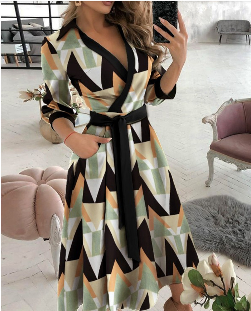 Women Casual Sashes A-Line Wrap Dress Ladies Print Long Sleeve V-Neck Pocket Elegant Office Lady Midi Party Vestidos 210522