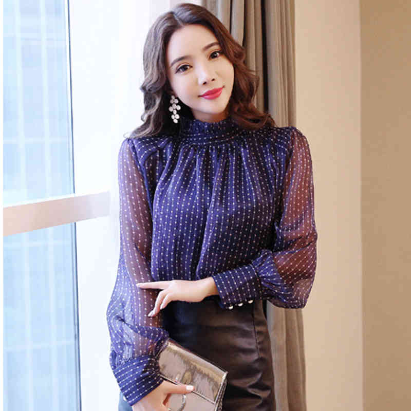 Fashion Chiffon Dot Print Purple Women Blouse Long Sleeve Women's Sexy Office Lady Stand-up Collar Blusas D468 210518