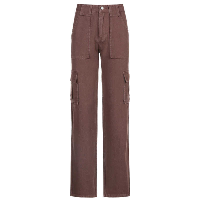 Rockmore Brown Vintage Baggy Jeans Women High Waist Pocket Cargo Pants 90s Streetwear Straight Trousers Harajuku Summer 210922