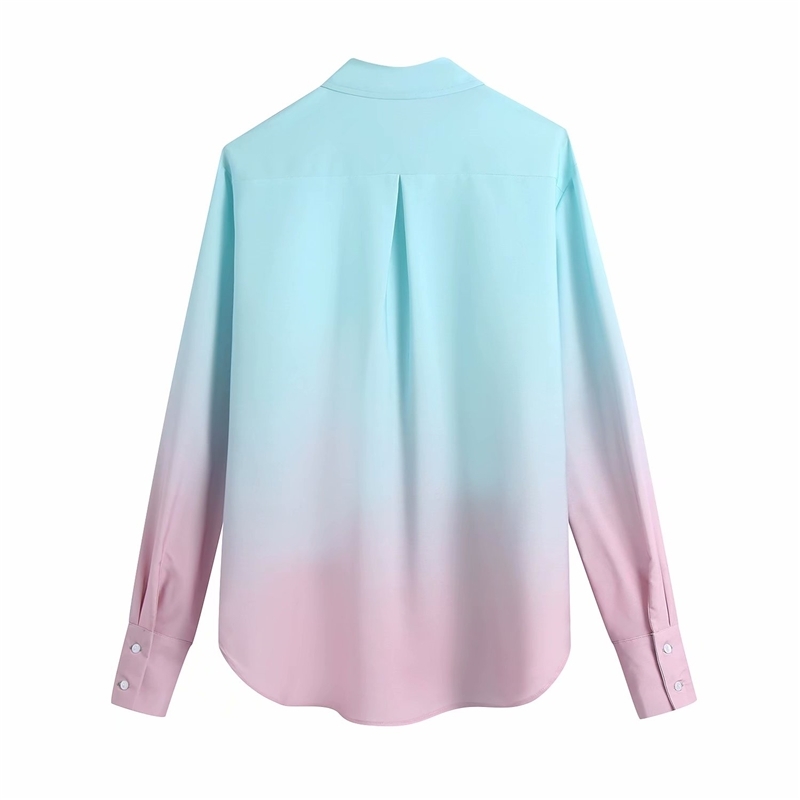 Elegant Women Gradual Change Shirts Fashion Ladies Turn Down Collar Tops Streetwear Female Chic Tie-Dye Blouses 210430