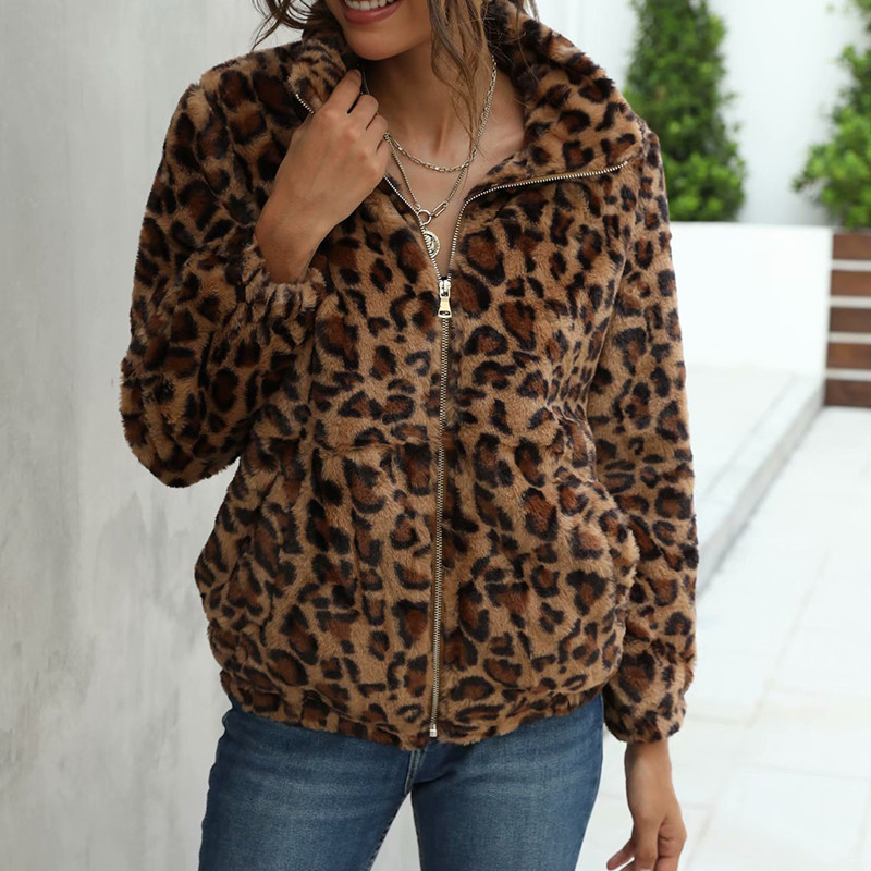 Evfer Women Vintage Leopard Print Winter Thick Jackets Female Fashion Animal Autumn Long Sleeve Zipper Loose Jacket Coats 210421