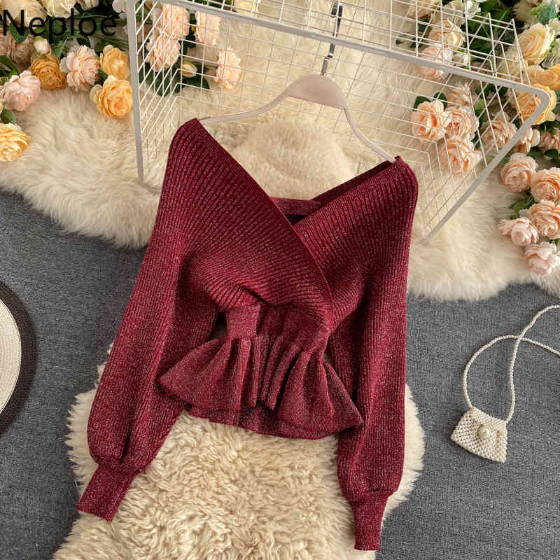 Neploe Bling Sweater Knitted Cropped Pullovers Temperament V-neck Slim Waist Jupmer Ruffles Long Sleeve Knitwear Tops 95499 210422
