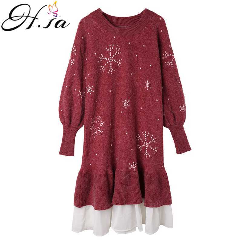 H.SA Women Long Sweater Dress Patchwork Ruffles Knit Sweaters Pullover Long Knit Jumpers Snowflake Knit Sweater Loose 210716