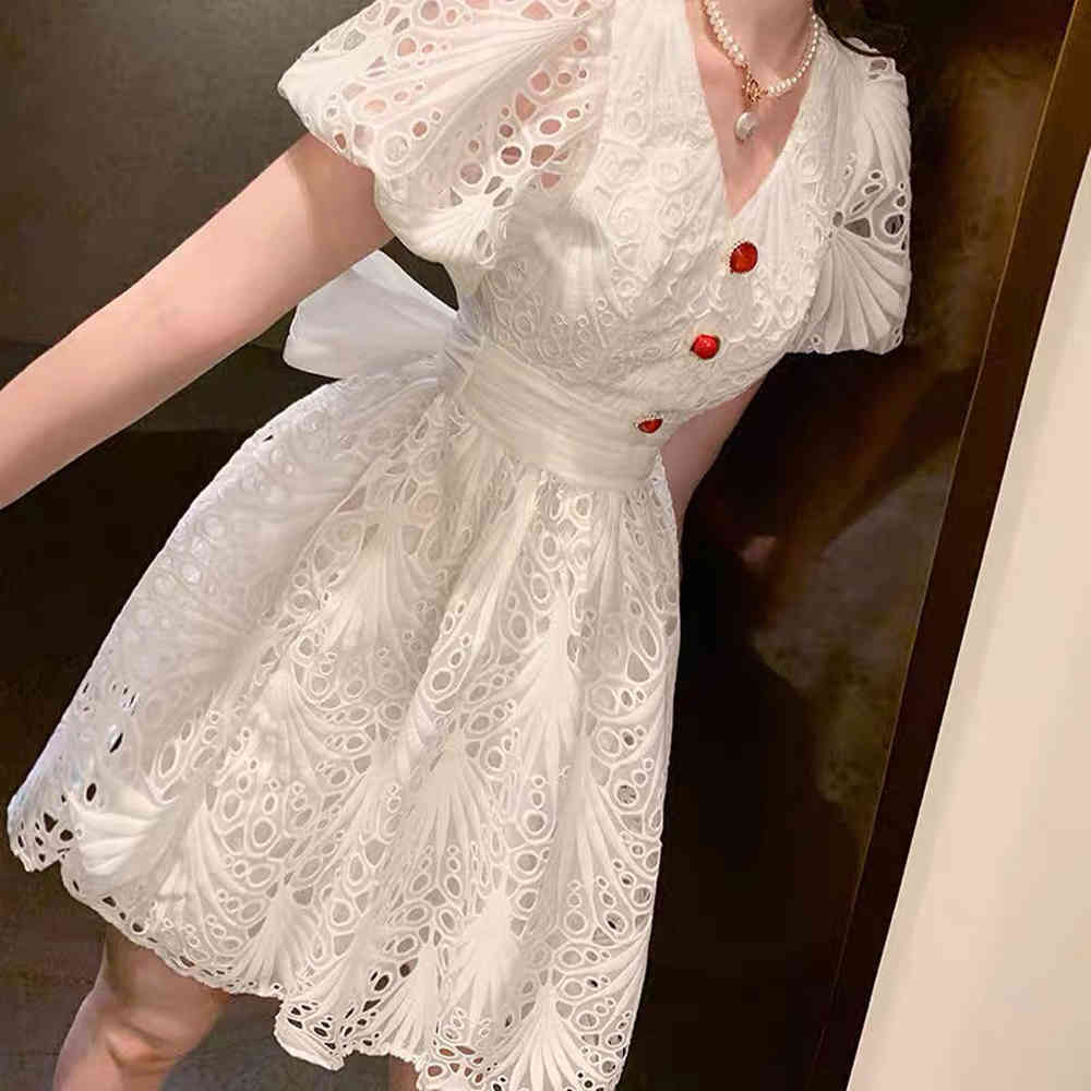 Party Puff Sleeve Vintage Princess Flower Embroidery Lace White Dress A Line Buttons Robe Longue Vestidos Largo Fiesta 210421