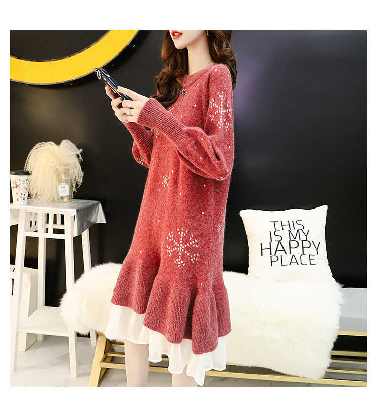 H.SA Women Long Sweater Dress Patchwork Ruffles Knit Sweaters Pullover Long Knit Jumpers Snowflake Knit Sweater Loose 210716