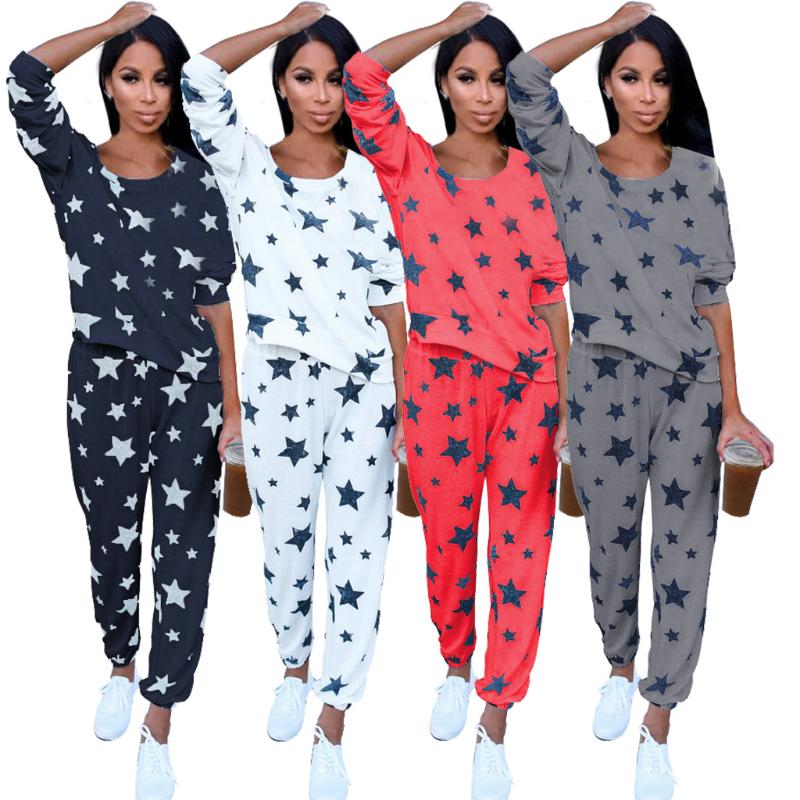 Fashion Women's Pajamas Suit Spring Thin Star Printed Long Sleeve Cute Sleepwear Casual Homewear Female Pyjamas 2-Piece Sets Tracksuits