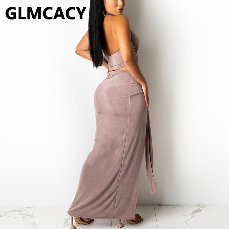 Two Piece Summer Chic Dress Suits Sexy Halter Backless Crop Top & Slit Maxi Skirt Set 210702
