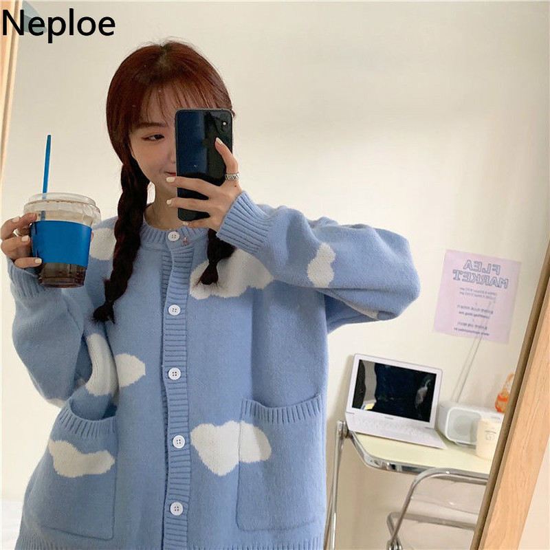Neploe Korean Sweet Cardigan Fall Women Clothes Knitted Sweaters Cute Sweater O-neck Loose Oversized Outwear Sueter Coats 210422
