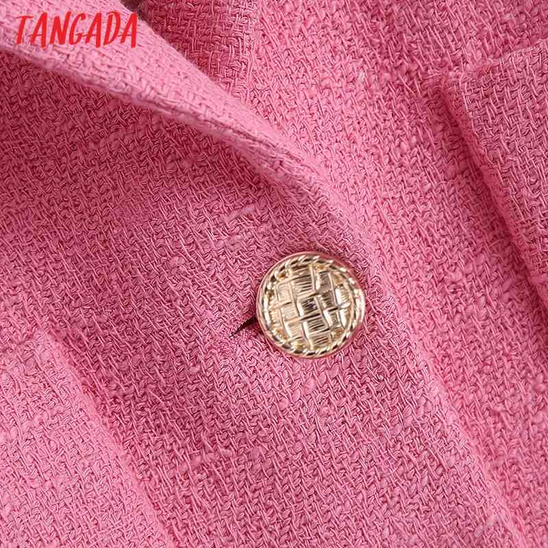 Women Pink Tweed Blazers Coat Vintage Notched Collar Short Sleeve Fashion Female Outerwear Chic Tops BE519 210416