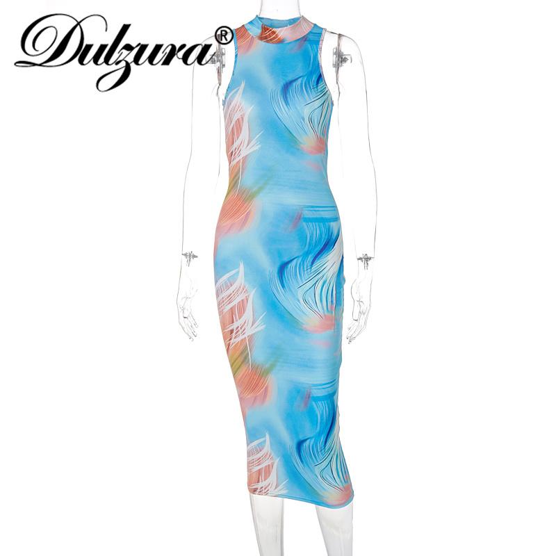 Casual Dresses Dulzura Tie Dye Print Women Sleeveless Backless Midi Dress Bodycon Sexy Streetwear Party Elegant Club 2021 Autumn Winter Y2K