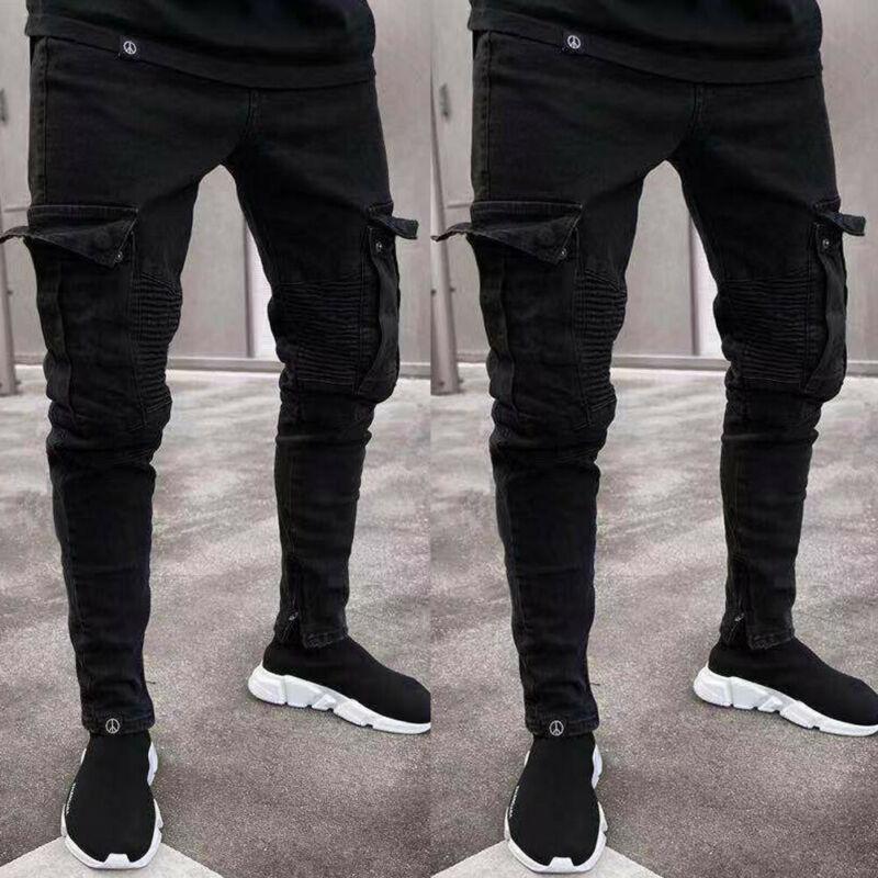 Men's Jeans 2021Fashion Black Jean Men Denim Skinny Biker Destroyed Frayed Slim Fit Pocket Cargo Pencil Pants Plus Size S-3XL Fashion