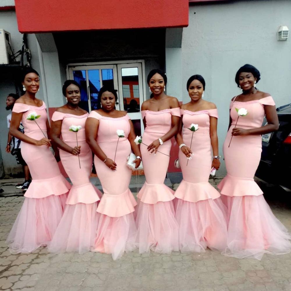 Pink Mermaid Bridesmaid Dresses Plus Size Off The Shoulder Satin Tulle Floor Length Custom Made Maid Of Honor Gown African Country Wedding Party Wear 