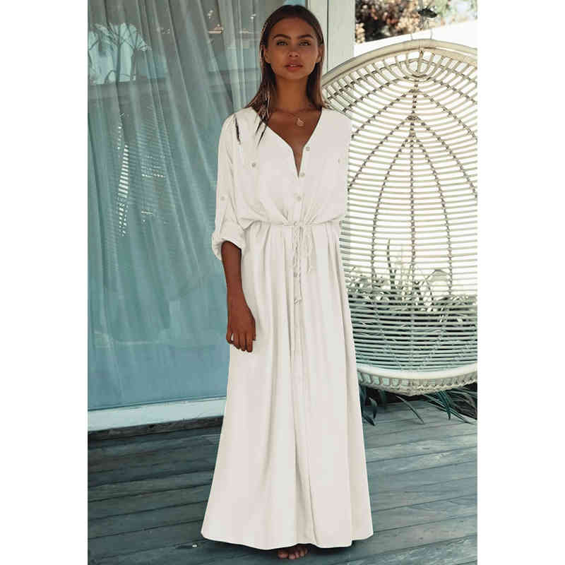 Sexy Bikini Cover-ups White Cotton Tunic Cusual Summer Beach Dress Elegant Women Plus Size Wear Swim Suit Cover Up Q1111 210420