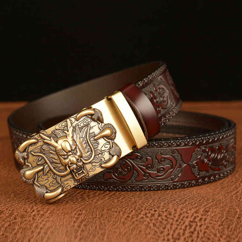 Waist Belt s Buckles Leisure Carving Craft Genuine Cow Leather Men's , Tyrannosaurus Rex Automatic Buckle Fashionable and Personalized Trouser