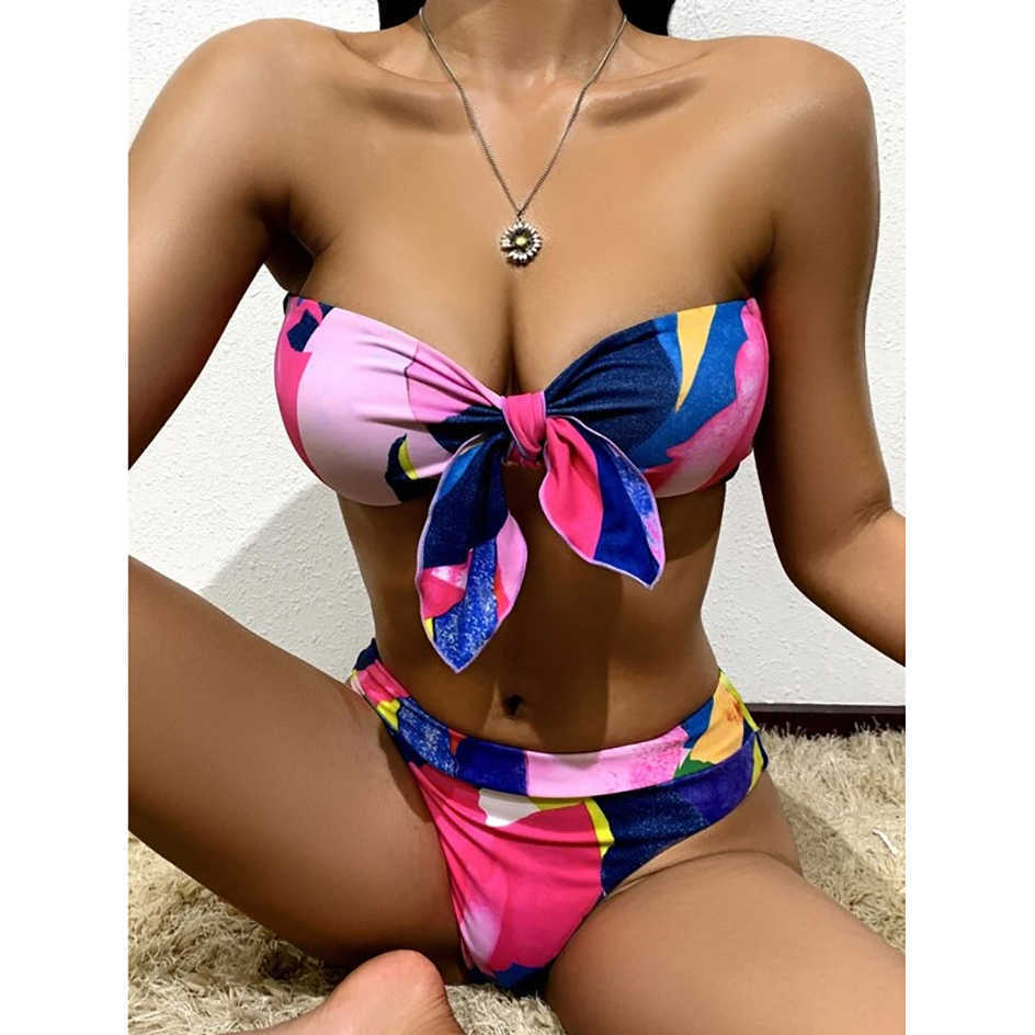 Sexy Knot Bandeau Bikini Swimsuit Women Swimwear Female High Waist Bikinis Set Swimming for Bathing Suit Woman 210611