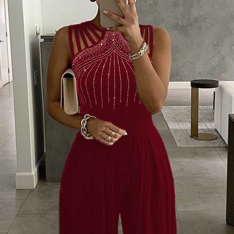 Women Fashion Elegant Sleevless Partywear Jumpsuits Formal Party Romper Studded Wide-leg Party Jumpsuit 210716