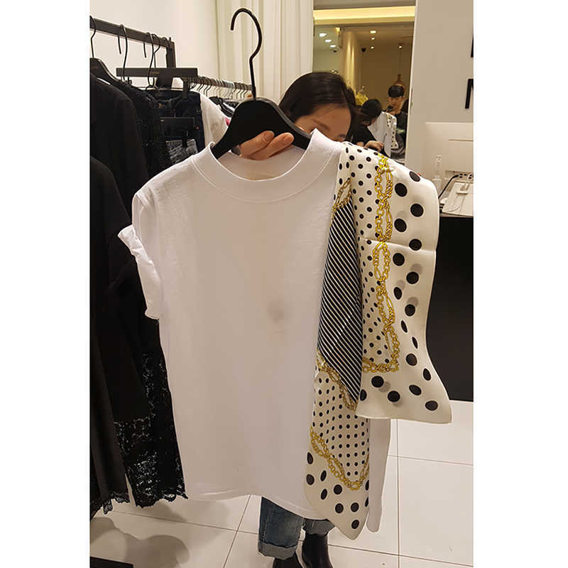 Korea Women Spring and Summer Fashion Wave Point Silk Scarf Splicing O Neck Short Sleeve Women's T Shirts 210615