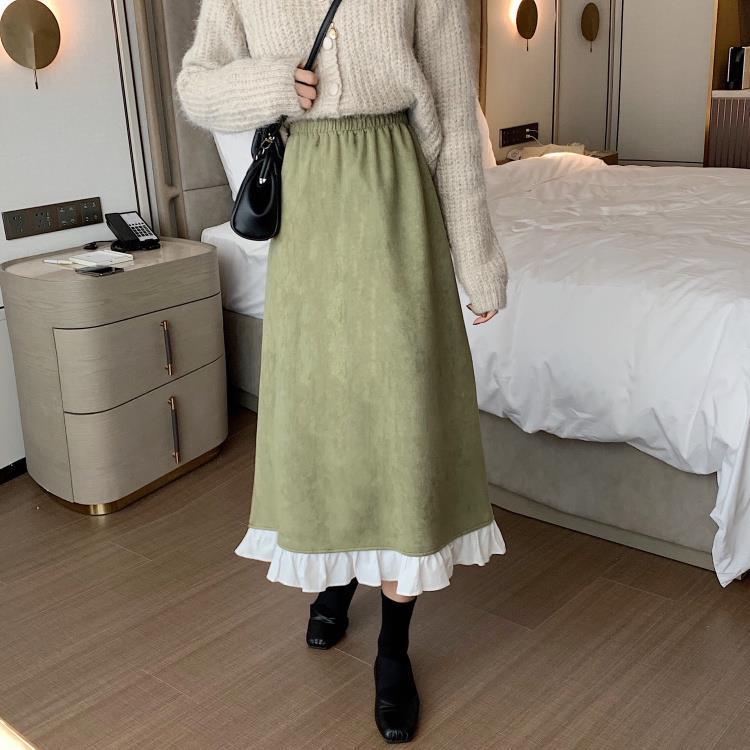 Nomikuma Korean Ruffle Hit Color Patchwork Women Skirt Causal Stretch High Waist A-line Skirts Autumn Faldas Mujer 6D183 210427