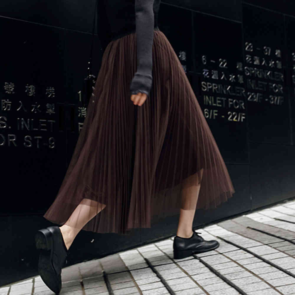 Gothic Style Lace Long Skirt Elegant Mesh Pleated A Line Korean Chic All-match Midi s High Waist 210428