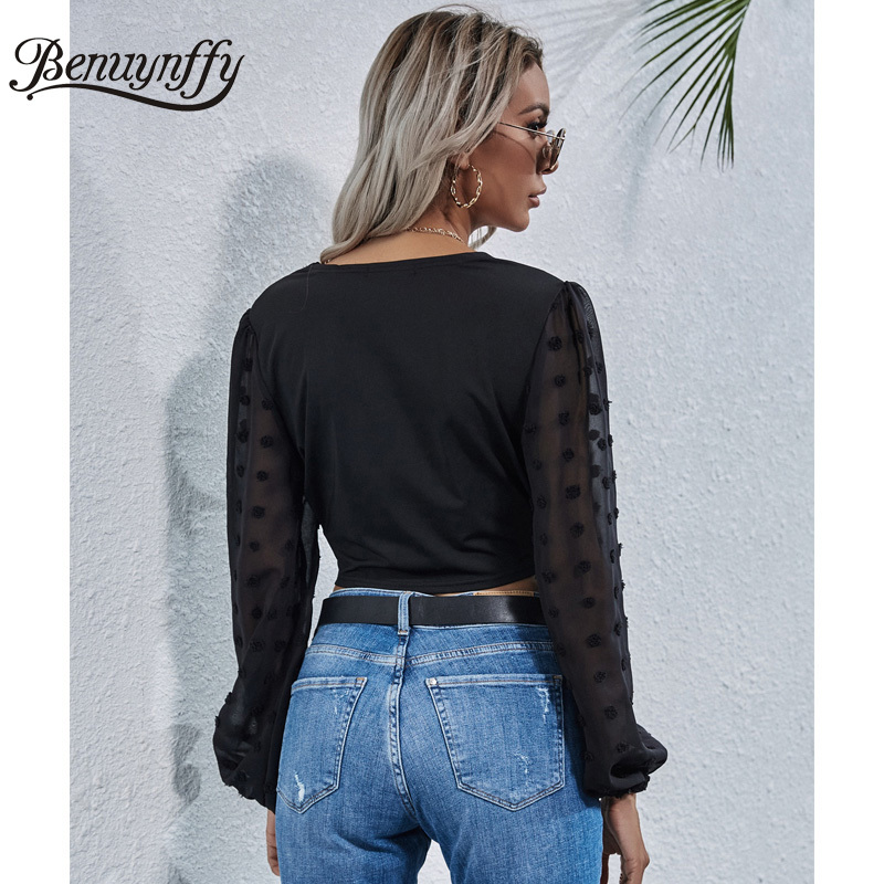 Crossover V-neck Polka Dot Flocked Mesh Sleeve Crop Top Women Black Sexy Lantern Ladies Slim Blouses Tops 210510