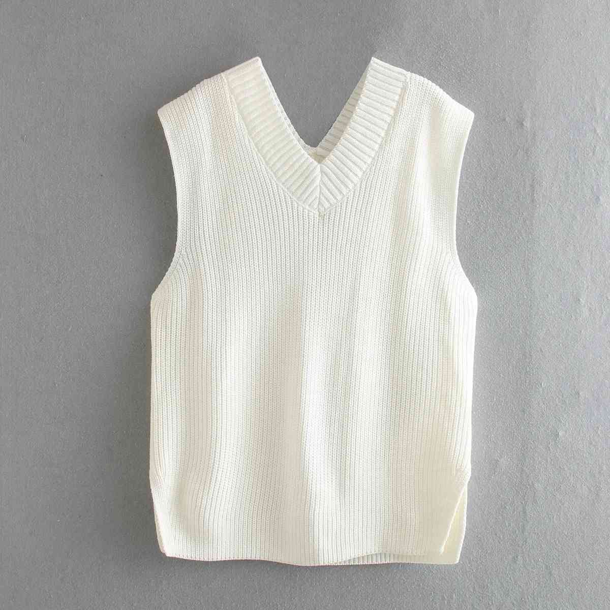 V Neck Knitted Sweater Vest Women Sleeveless Casual White Pullovers Autumn Winter Black Streetstyle Tops Jumper 210427