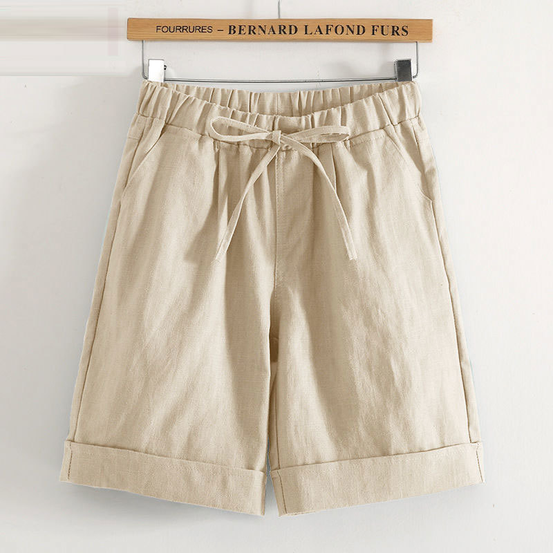 Summer Korea Fashion Women Knee Length Pants Plus Size Elastic Waist Loose Casual Straight Solid cotton linen D157 210512
