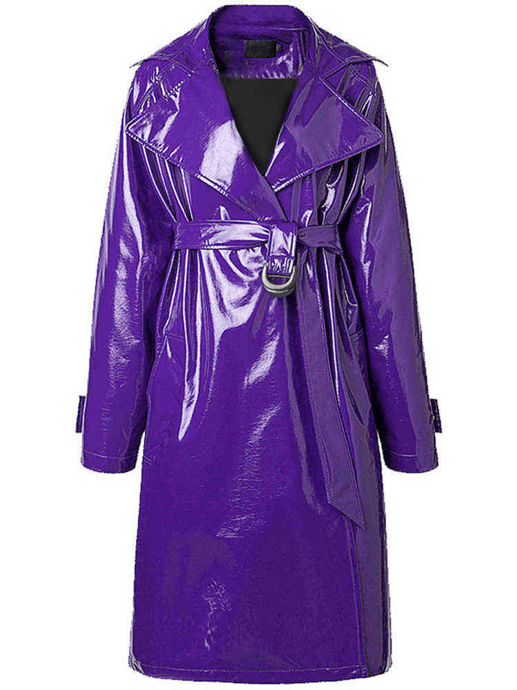 Nerazzurri Spring purple shiny womens patent leather trench coat belt raglan sleeve Oversized soft runway long coat women 211119