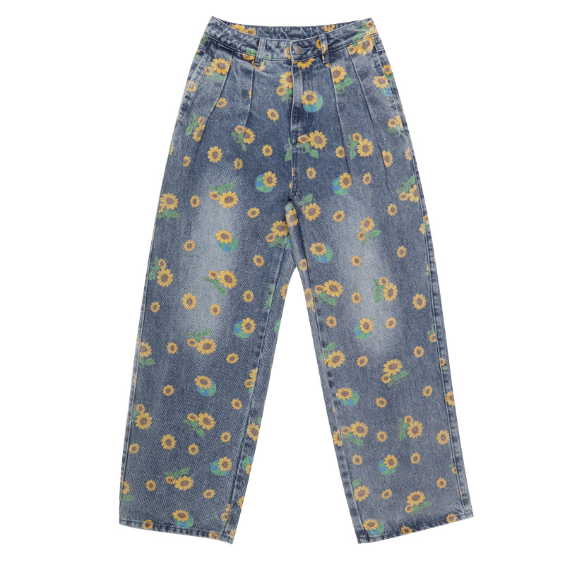 Summer Casual Jeans Woman Long Trousers Cowboy Female Loose Streetwear Small Flowers Wide Leg Pants ZA4513 210427