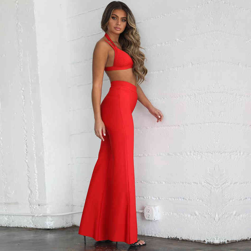 Summer Women Bandage Sets Vestidos Tops&Pant 2 Two Pieces Set Sleeveless V Neck Celebrity Evening Club Party 210423