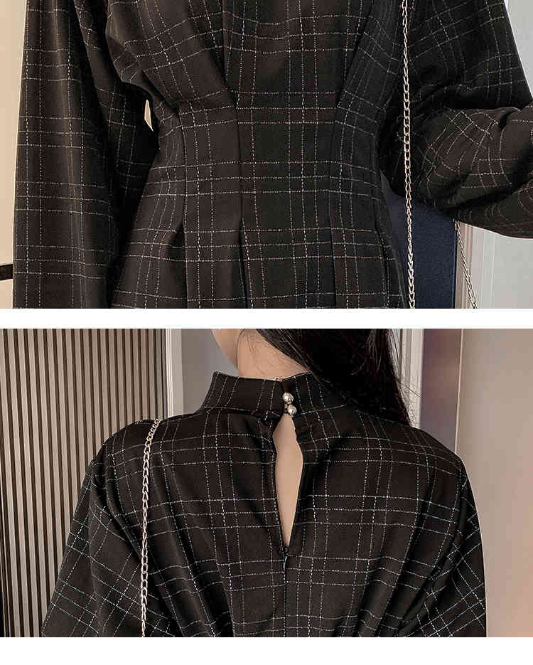 Spring Autumn Women Fashion Long Sleeve Plaid Stand Collar Female Retro High Waist Ruched Mini Dress 210518
