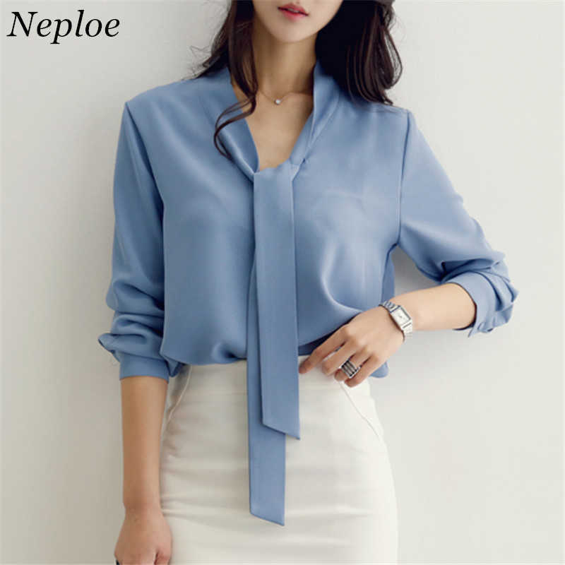 Neploe New Women Chiffon Shirt 2019 Spring V-neck Bow Ribbon Blouse Female Slim Simple Elegant Long Sleeve Blusas 66378 SH190803
