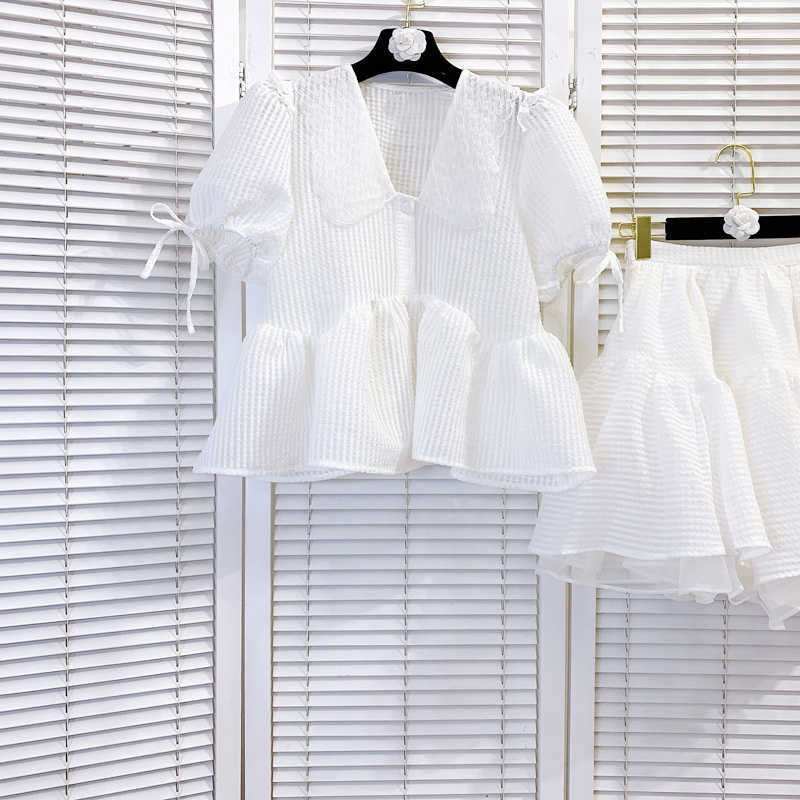 DEAT Women Lapel Puff Sleeve Shirt Ruffles Skirt Short Two Piece Set Fashion Temperament Spring Summer 11D1626 210709