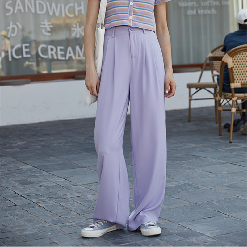 OL Solid Purple Bottoms High Waist Suit Pants Women Loose Long Straight Wide leg Work wear Trousers Femme 210421