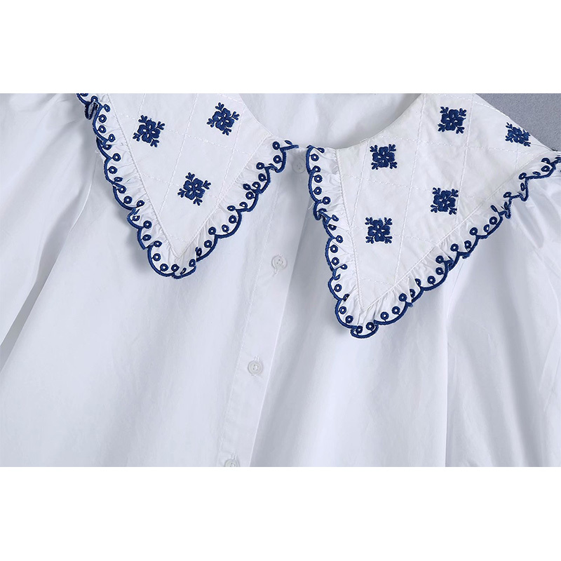 Women Embroidery Shirt Buttoned Short Sleeve Chic Lady Fashion Casual Clothes 210517