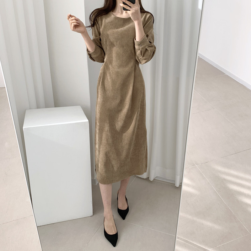 Winter Autumn Chic Minimalist Dress Women Vintage Elegant OL Work Wear Solid Lace-up Corduroy Maxi Dresses Vestidos 210421