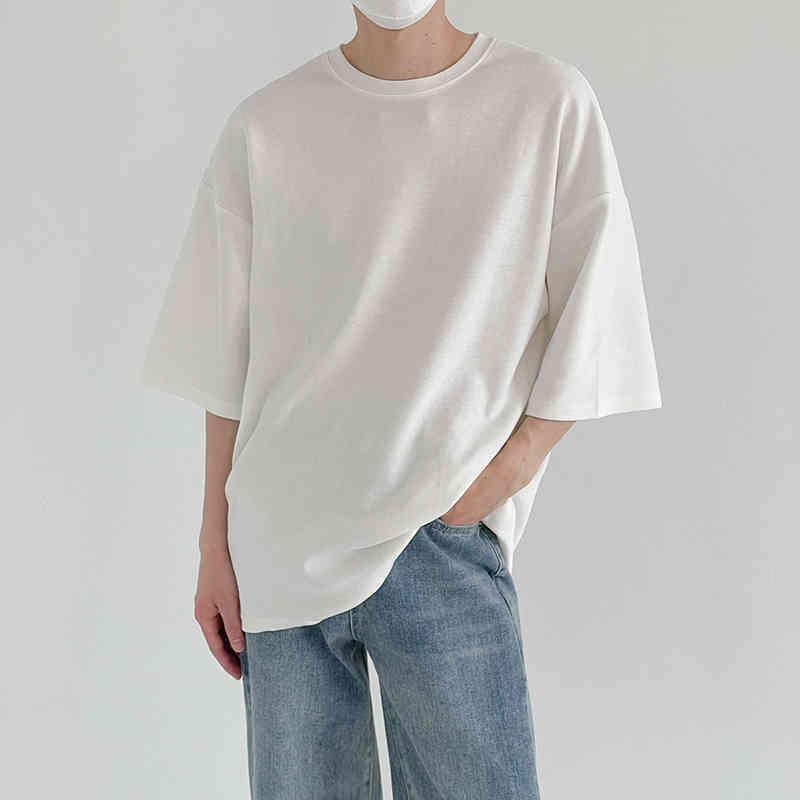 IEFB Solid Color Half Sleeve Men's Loose Round Neck White T-shirt Summer Casual Simple Tops Basic Korean Trend Clothing 210524