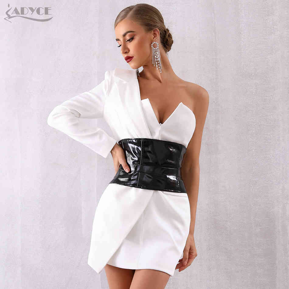 Autumn Women One Shoulder Bandage Dress Sexy V Neck Sash Bodycon Club Vestido Celebrity Evening Party 210423