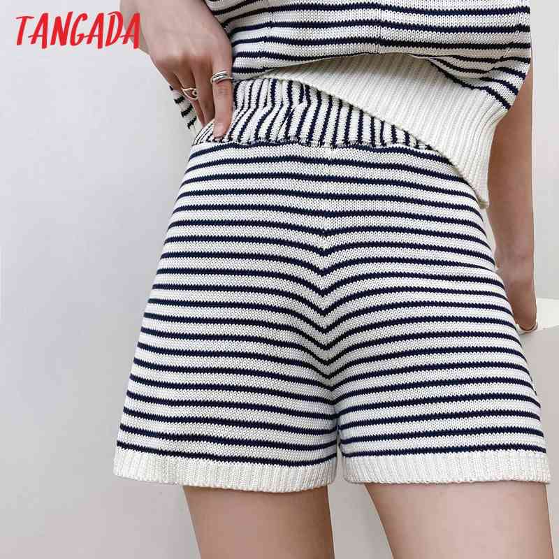 Women Elegant Striped Knit Strethy Waist Female Retro Basic Casual Shorts Pantalones AI42 210416