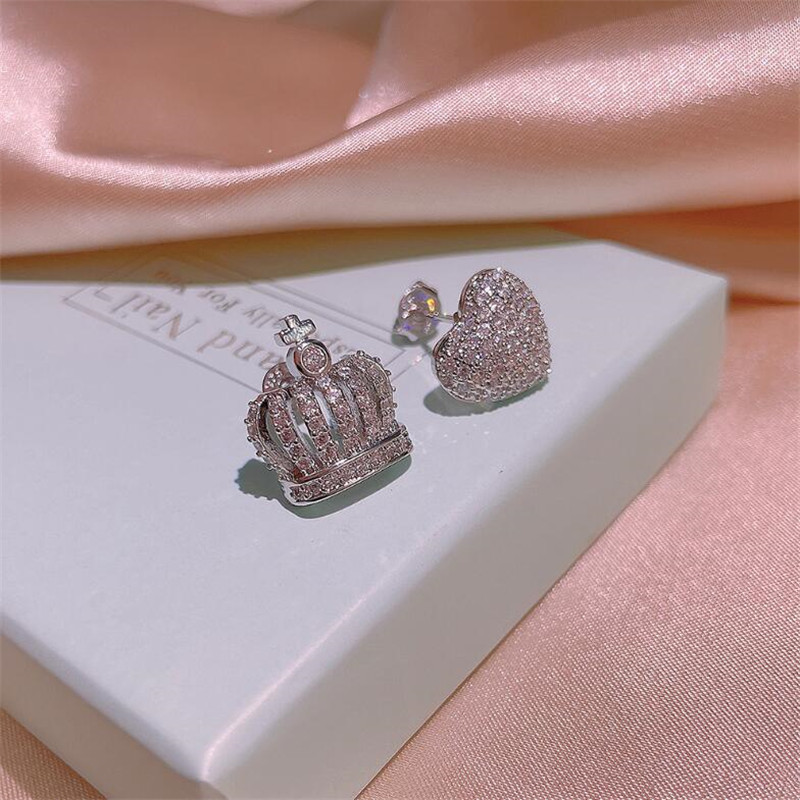 Choucong Top Sell Stud Earrings Simple Fashion Jewelry 925 Sterling Silver Heart Pave White Sapphire CZ Diamond Gemstones Party Women Crown Wedding Ea