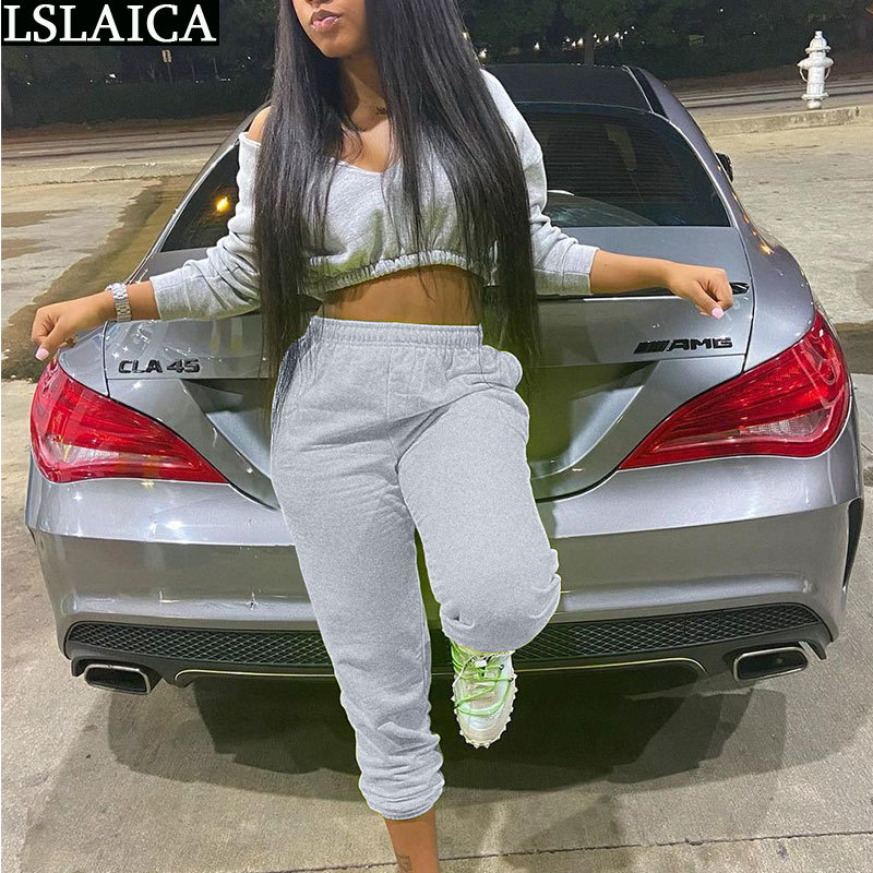 Tracksuit Women Off Shoulder Sweatshirt Waistless Fashion Streetwear Two Piece Set Pocket Casual Dresy Damskie 210520