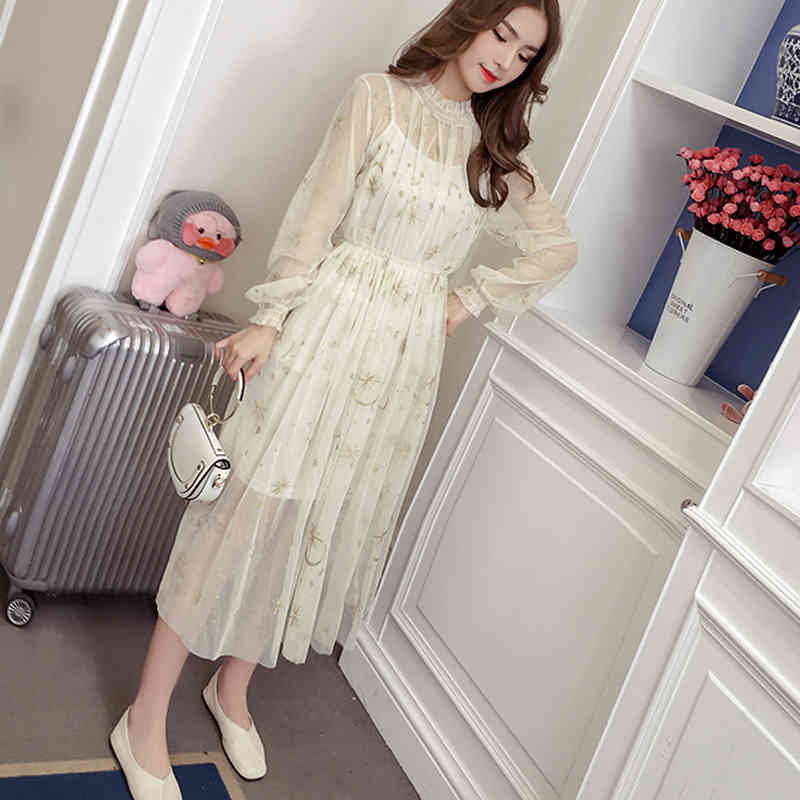 Gray Beige Navy Star Moon Embroidery Dress Women Mesh Puff Sleeve Long Stand Collar Midi Elegant Party 12992 210508