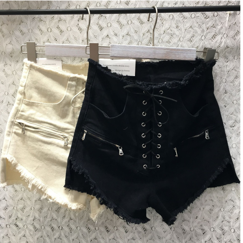 [DEAT] Solid High Waist Cross Bandage Zipper Rough Edge Jeans Short Hot Pants Streetwear New Fashion Tide Summer GX816 210428