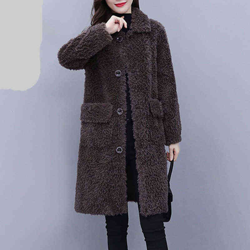 Winter Jacket Women Warm Faux Fur Lambswool Plush Coats Female Outerwear Korean Fashion Ladies Cardigans Long Sleeve Clothing 211123