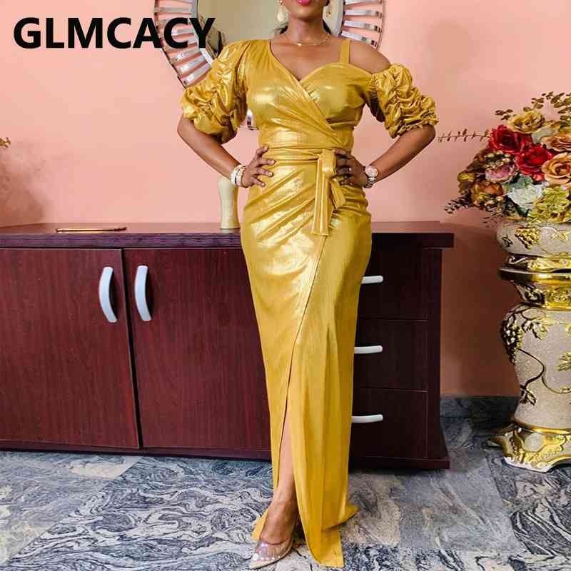 Women Short Sleeve Cold Shoulder Elegant Slit Dresses Sexy Evening Party Metallic Dresses 210702