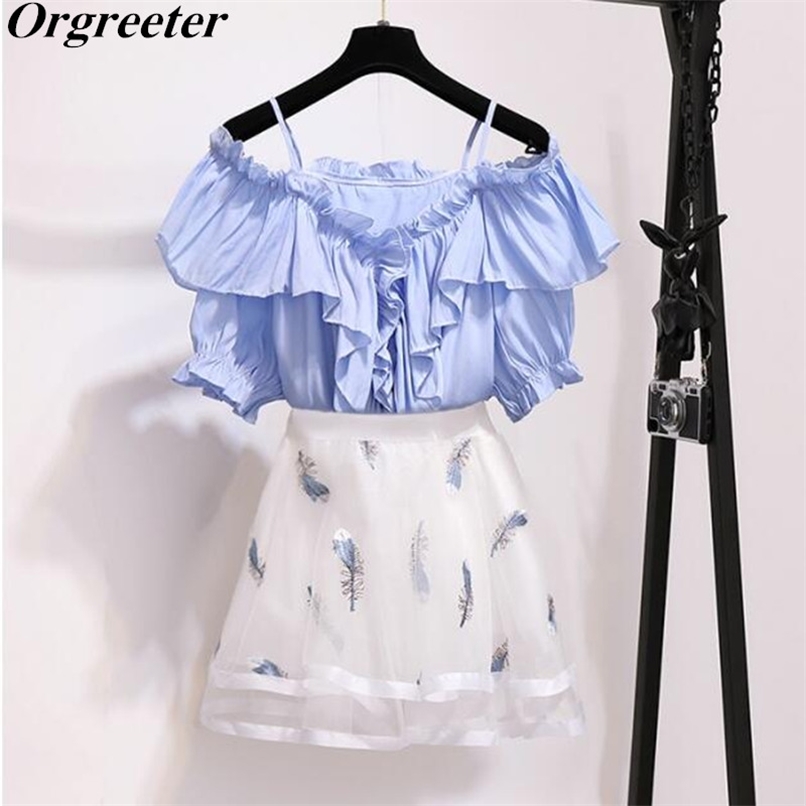 Summer Sweet Ruffles Pleated Off shoulder Cotton Shirt + Feather embroideryTulle Mesh Mini Skirt 2 Piece Set Women 210602, Blue and black
Summer Sweet Ruffles Pleated Off shoulder Cotton Shirt + Feather embroideryTulle Mesh Mini Skirt 2 Piece Set Women 210602, Blue and black