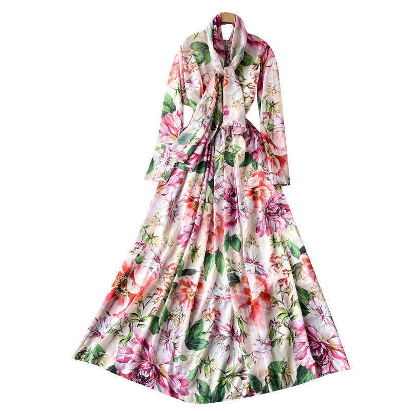 Women Fashion Holiday Flower Print A-line Long Dress V-Neck Sleeve Pleated Slim Clothes Party Vestidos De Mujer R163 210527
