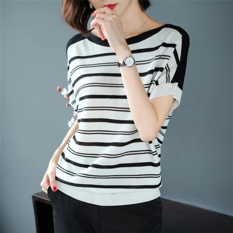 Loose Batwing Short Sleeve Stripe Knitted T-Shirt Women Casual Summer Thin Knitwear Tops Korean Style Contrast Color Tee Female 210522
