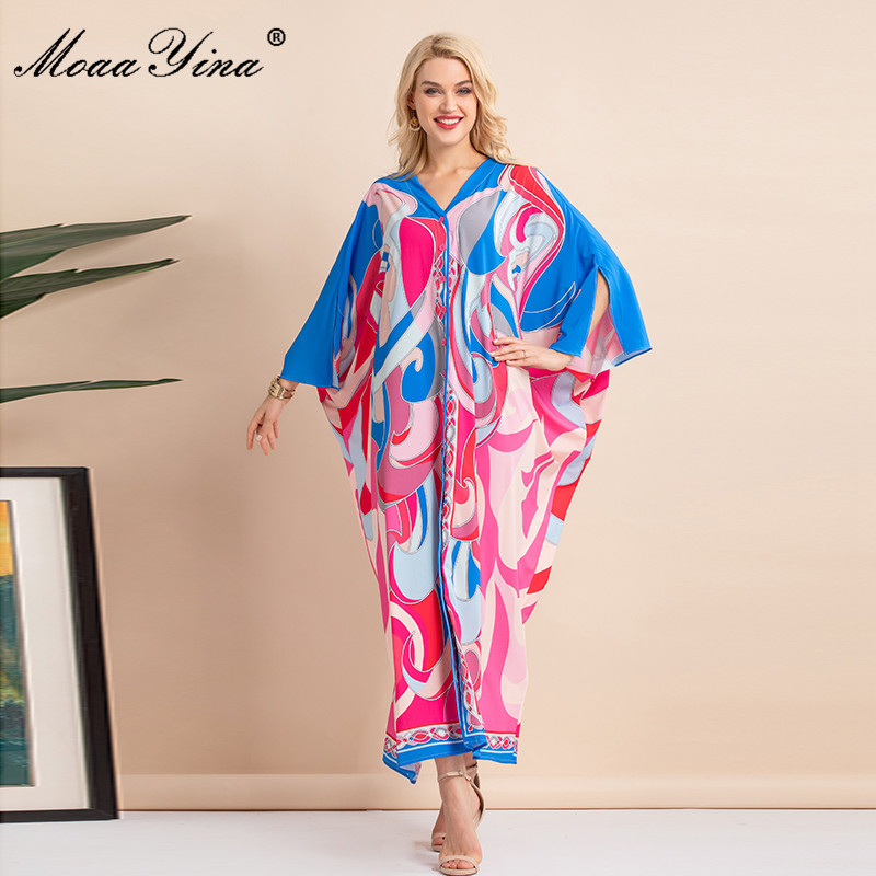 Bohemian Women's Summer Printed Single-breasted Batwing Sleeve V-Neck Loose Floor Long Length Kafatan Dress 210524