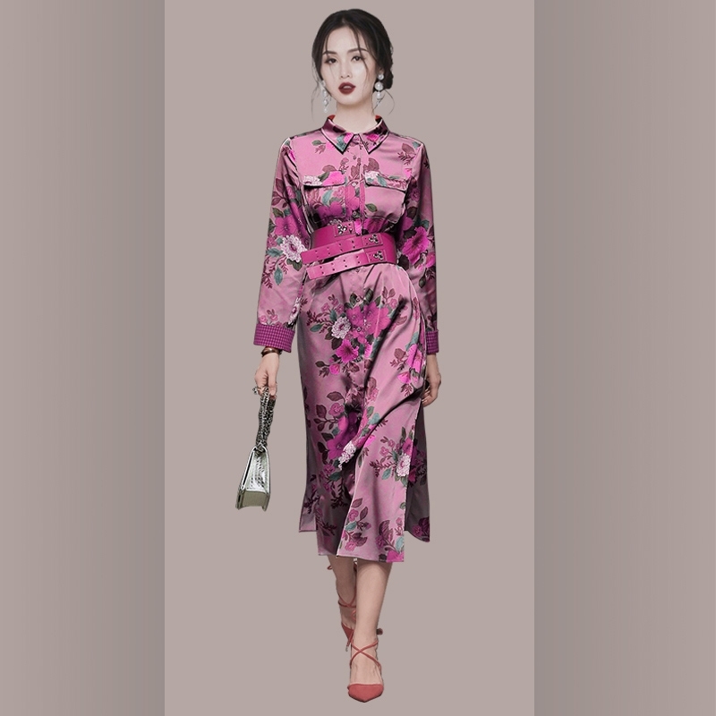 Autumn Vintage Elegant England Style Purple Flower Midi Dress Women Lady Office work Dresses Lapel neck Casual With Belt 210506